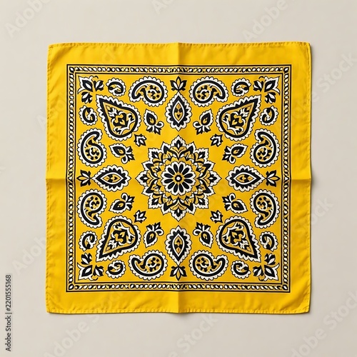 Bright yellow patterned bandana featuring traditional paisley and floral designs