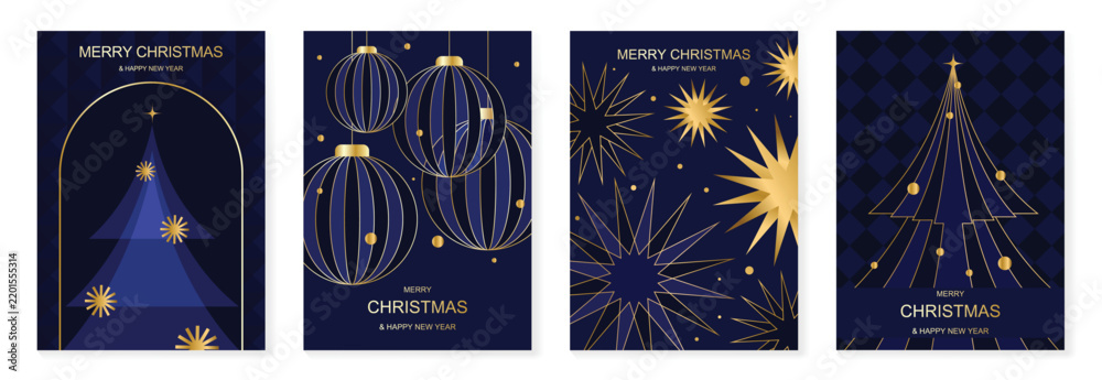 Obraz premium Luxury Christmas and Happy New Year 2027 vector poster collection with navy blue and gold trees, elegant ornaments, stars, fireworks and glowing festive details