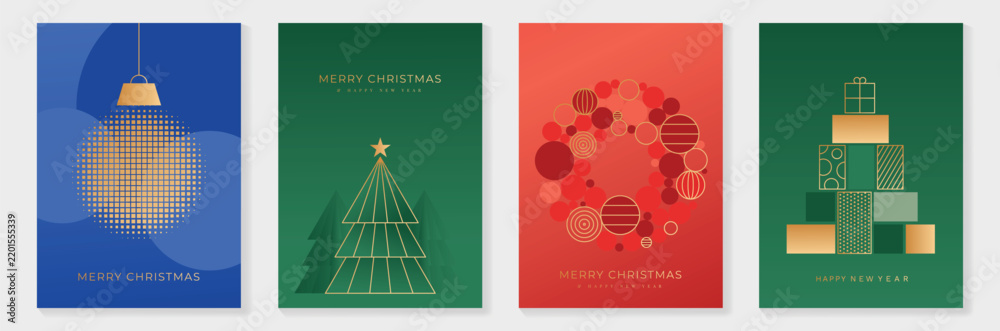 Obraz premium Christmas and Happy New Year 2027 vector poster collection with modern geometric trees, gold ornaments, gift boxes and colorful blue green red festive backgrounds