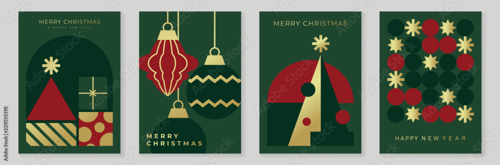Obraz premium Christmas and Happy New Year 2027 vector poster collection with elegant dark green geometric trees, red ornaments, gold details and decorative festive flowers