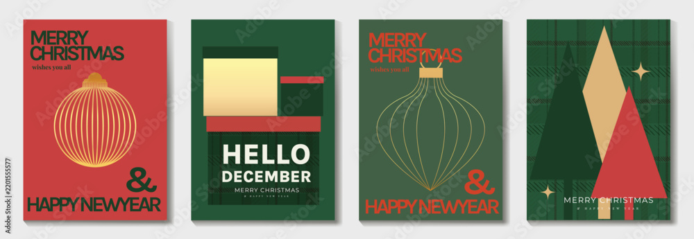 Obraz premium Christmas and Happy New Year 2027 vector poster collection with mid century ornaments, Hello December typography, stylized red green trees and retro festive graphics