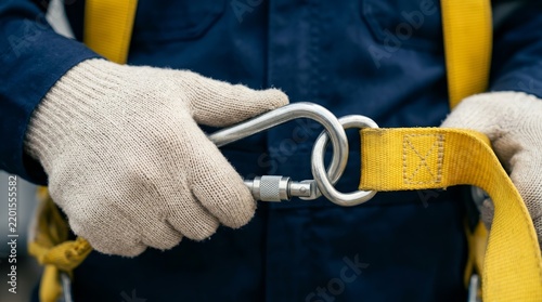 Close-up of a professional securing industrial safety equipment with a metal carabiner.