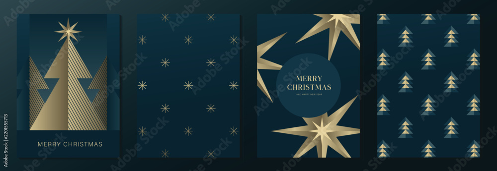 Obraz premium Luxury Christmas and Happy New Year 2027 vector poster collection with navy blue and gold geometric tree, crescent moon, stars and elegant winter forest patterns
