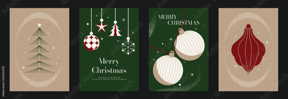 Obraz premium Christmas and Happy New Year 2027 vector poster collection with minimalist green and beige trees, hanging ornaments, botanical branches and elegant holiday compositions