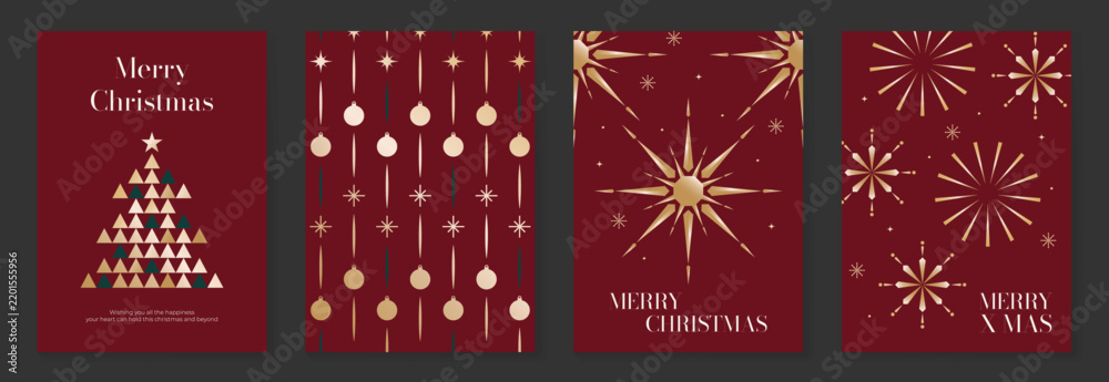 Obraz premium Luxury Christmas and Happy New Year 2027 vector poster collection with burgundy red and gold geometric trees, hanging ornaments, stars and festive firework bursts