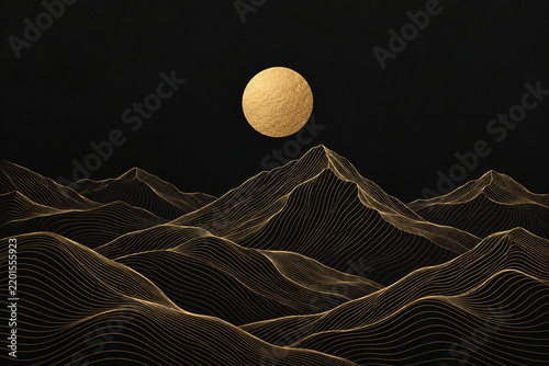 Golden Line Art Mountains and Full Moon on Black Background