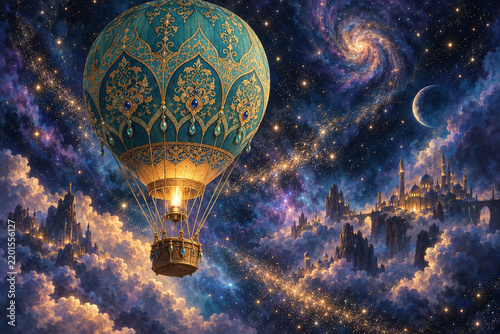 Ornate Hot Air Balloon Over Fantasy Castle in Starry Galaxy