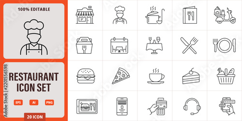 Restaurant and food delivery icon set, thin line style vector illustration for mobile apps, websites, and digital menus featuring cooking, dining, and ordering symbols
