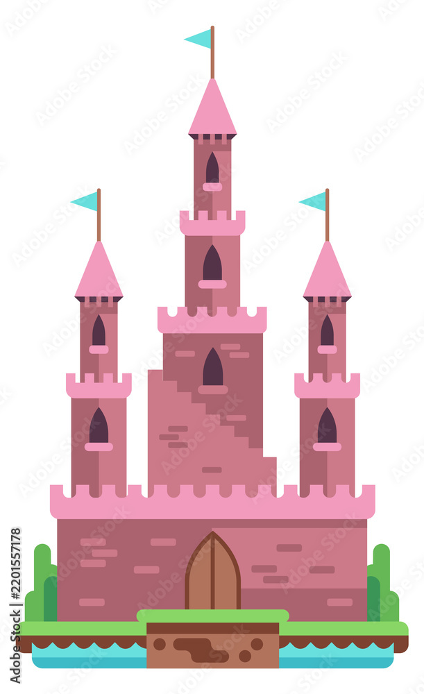 Obraz premium Fairytale castle flat icon. Pink stone building