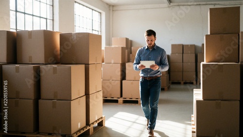 Man checking inventory with tablet in warehouse