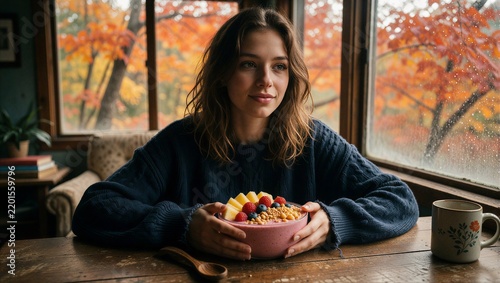 Woman holding a smoothie bowl by a rainy autumn window