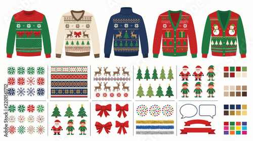 Christmas ugly sweater pattern design kit, festive Nordic Fair Isle motifs, reindeer and snowflake repeats, novelty holiday sweater elements, flat vector illustration collection
