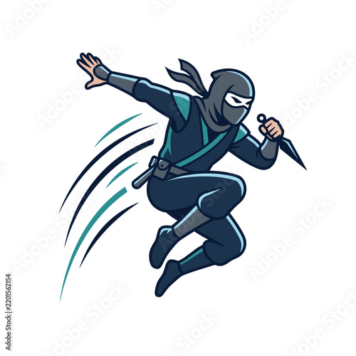 Dynamic ninja jumping with kunai weapon illustration in cartoon style