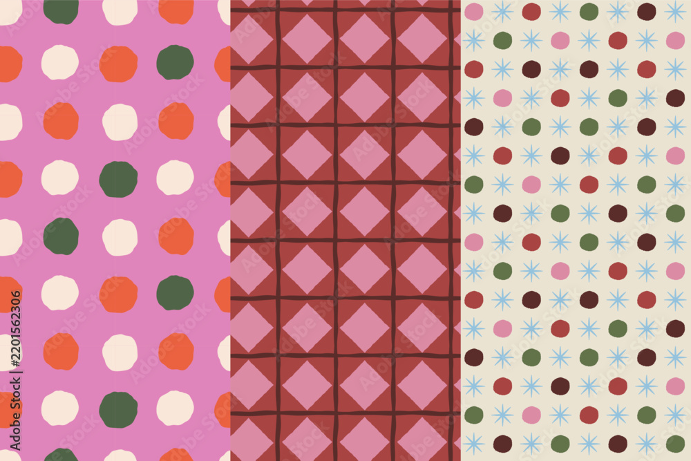 Obraz premium Vector Seamless Christmas pattern with hand-drawn holiday elements, geometric shapes, stars and festive ornaments in a retro color palette