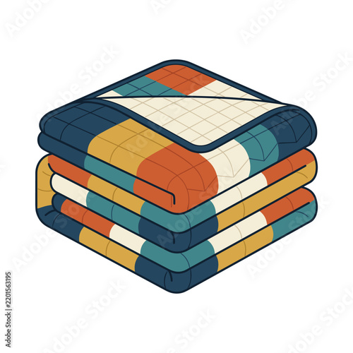 Folded patchwork blankets stacked neatly in colorful geometric patterns