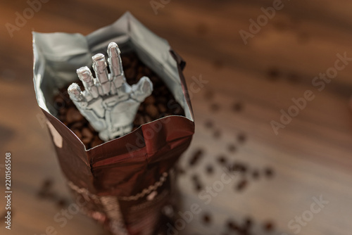 Robotic Hand Emerging from Coffee Bag, Artificial Intelligence and Futuristic Automation Concept