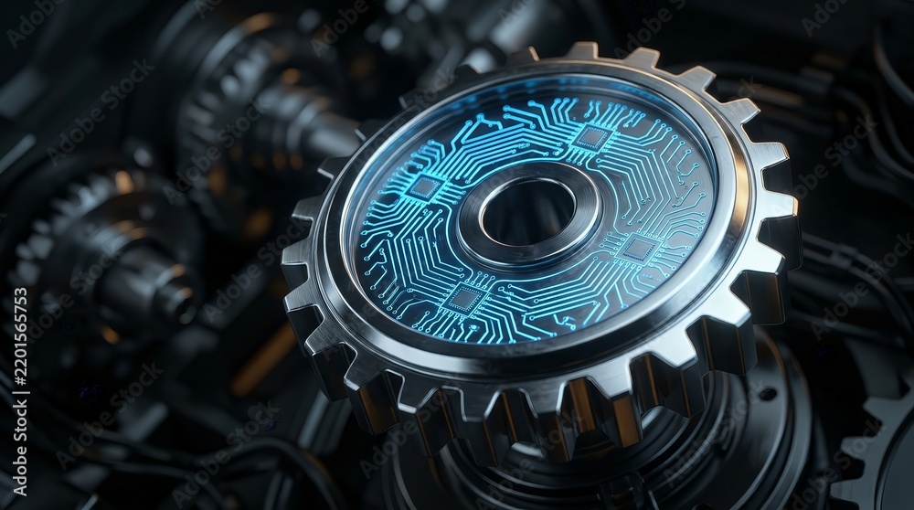 Fototapeta premium Futuristic metallic gear featuring an innovative glowing blue circuit board design for technology and industry.