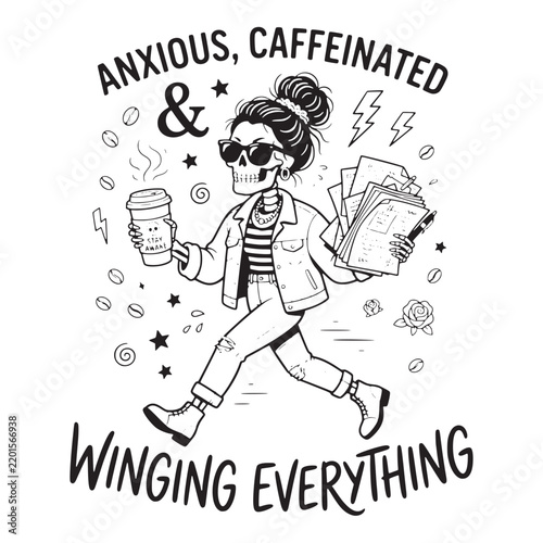Anxious, caffeinated and winging everything, a skeleton walking with coffee and papers, black and white