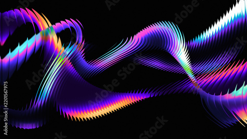 Vibrant holographic wave ribbons swirl with iridescent gradients, ideal for futuristic tech and music backgrounds.