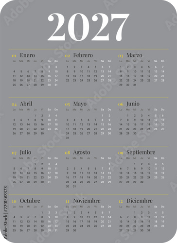 2027 Spanish calendar template 12 months vertical planner vector