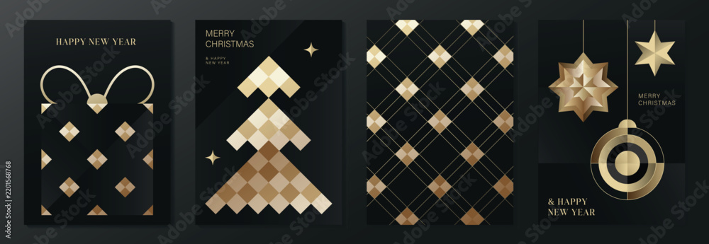 Obraz premium Luxury Christmas and Happy New Year 2027 vector poster collection with black and gold bows, geometric tree, diamond pattern, star ornaments and elegant festive design