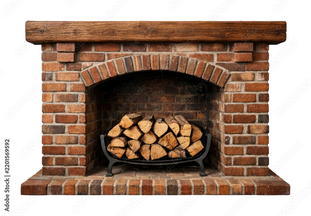 Obraz premium PNG Cozy brick fireplace with stacked firewood.