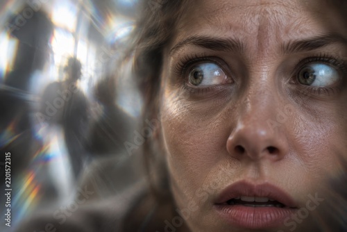A woman stares wide-eyed beside blurred human figures. Her eyes are wide and fixed toward the side. Schizophrenia, voices in the head and hallucination define a mental health crisis.