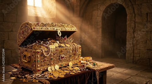 A richly decorated, golden treasure chest sits open on a wooden table, spilling out with gold coins, jewels, and a crown.
