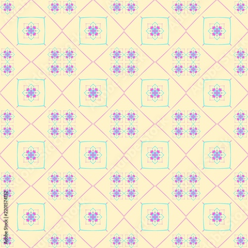 Seamless Geometric and Floral Pattern in Soft Pastel Colors on Light Yellow