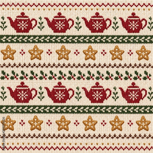 Nordic Sleigh Knit Repeat Seamless Pattern Vintage Knitted Pattern with Teapots and Stars Design