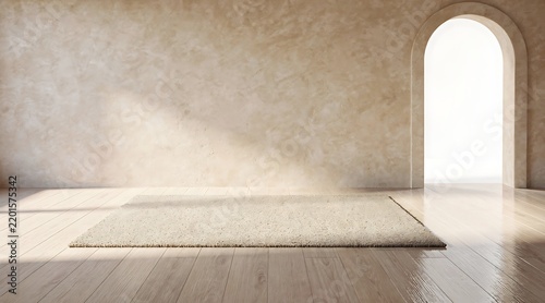 Minimalist Empty Room Interior with Beige Textured Stucco Wall, Soft Rectangular Rug on Polished Wooden Floor, and Arched Doorway with Bright Natural Sunlight Casting Soft Shadows