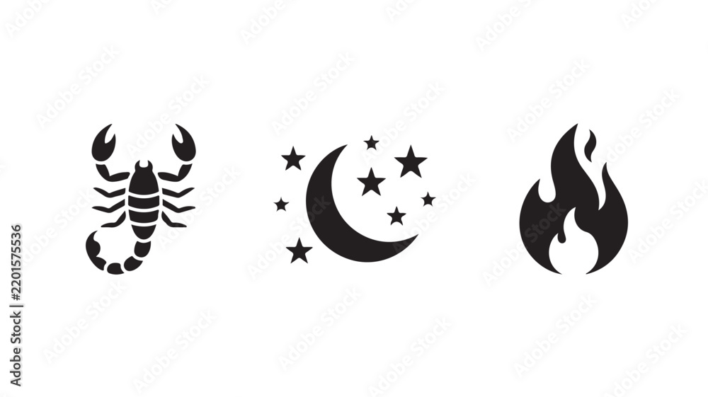 Obraz premium Scorpio zodiac sign with crescent moon and flame icons vector graphic
