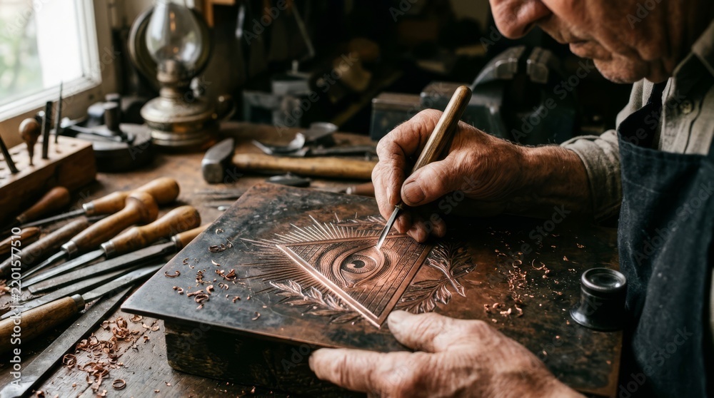 Fototapeta premium Close up of a skilled elderly artisan hands engraving a mystical Eye of Providence symbol into a copper plate using traditional metalworking tools in a rustic vintage workshop environment.