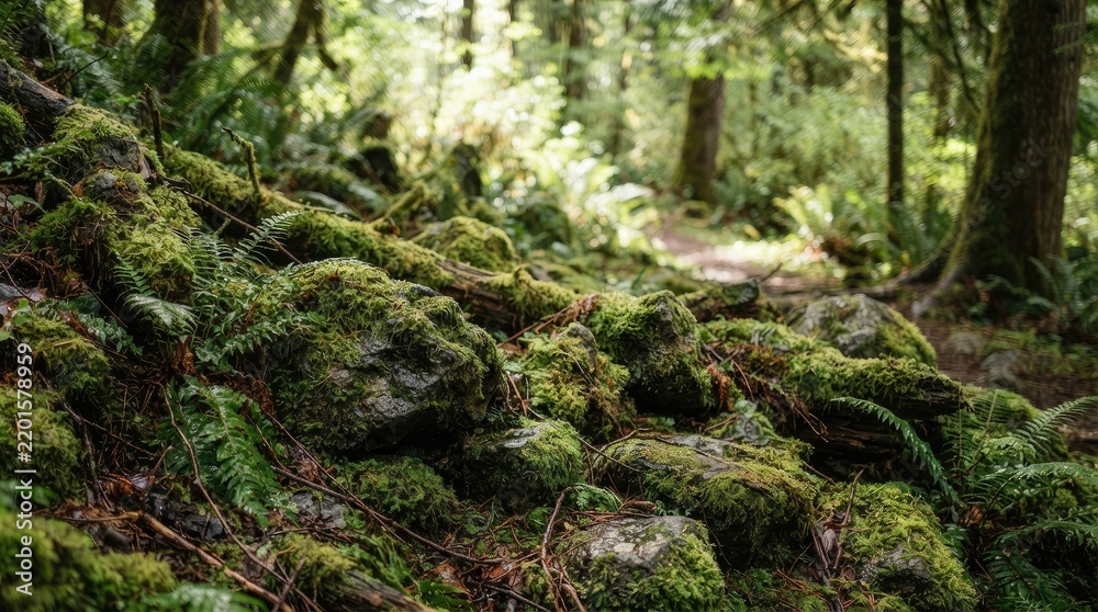 Fototapeta premium Moss-covered rocks and logs form a winding path through a lush, green forest. Sunlight filters through the dense canopy, illuminating the vibrant green moss and ferns.
