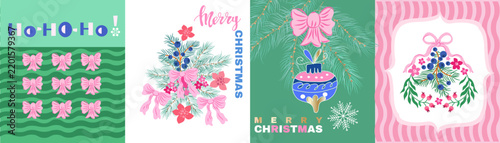 Christmas Card Set elegant festive modern style Hand-drawn cute poinsettias, holly berries, rowanberry, branches and snowflakes Vector template background illustration