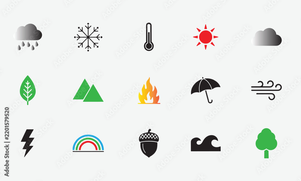 Obraz premium Weather forecast and nature environment symbols with colorful graphical elements forecast collection snowflake temperature thermometer mountain umbrella lightning environment