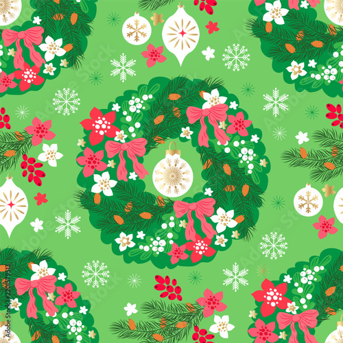 Cute Merry Christmas Seamless pattern Hand-drawn wreath with poinsettias, holly berries, rowanberry, branches and snowflakes Vector template background illustration