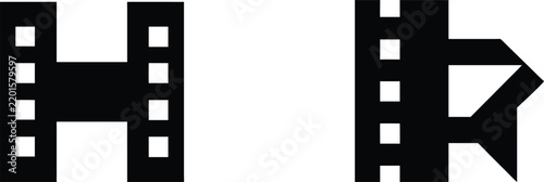 Minimalist cinema film strip black vector icons depicting movie editing frame and creative modern multimedia production.
