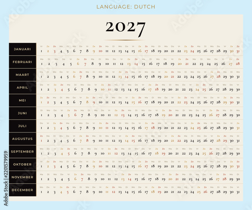 2027 Dutch calendar template horizontal yearly planner vector