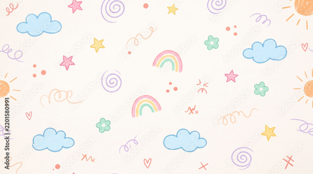 Obraz premium Cute seamless pattern with hand drawn clouds, rainbows, stars, and suns in pastel colors for childrens textile or wallpaper design