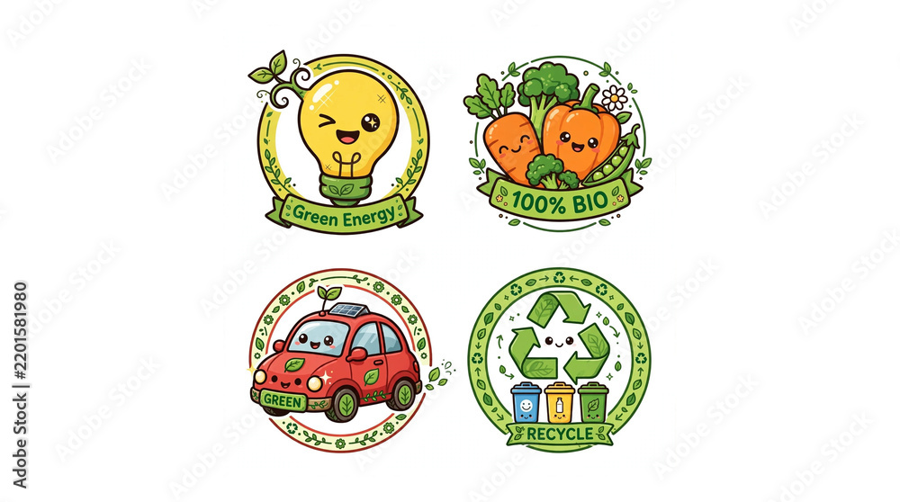 Fototapeta premium Cute Eco Badges Set 3-4 View On Solid White Background