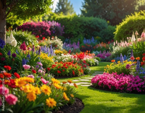 A vibrant and lush garden overflows with a diverse array of colorful flowers.