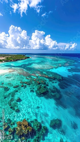 A vibrant aerial view captures the breathtaking beauty of a tropical coastline with clear turquoise waters revealing coral reefs beneath.