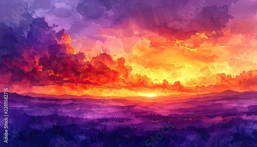 A vibrant watercolor landscape depicts a fiery sunset over rolling hills.