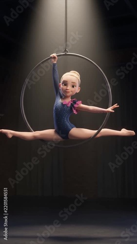 3D Beautiful Female Aerialist Performing Splits on Aerial Hoop Spinning in Air