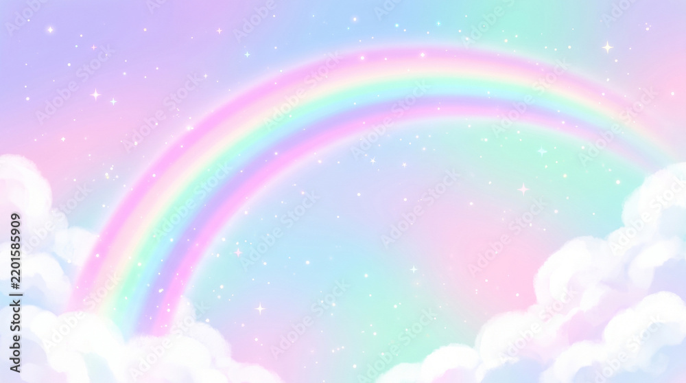 Fototapeta premium Pastel fantasy sky with a bright rainbow, fluffy clouds, and twinkling stars, creating a magical and dreamy background