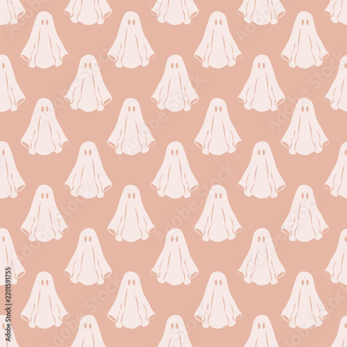 Seamless Halloween pattern of cute sheet ghosts on a soft blush pink background. Ideal for coquette spooky textiles, cute stationery, and party decor.