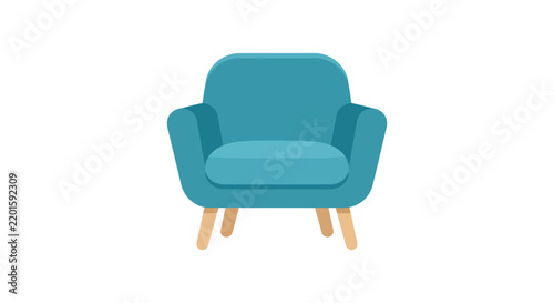 Turquoise armchair with wooden legs is presented on a white background