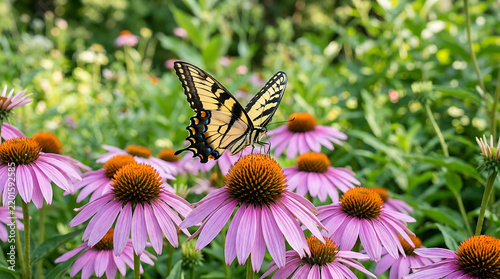 Swallowtail butterfly with orange and black wings resting on purple coneflower in lush meadow