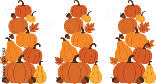 Autumn Pumpkin Stack Collection With Gourds And Fall Leaves Flat Vector Illustration